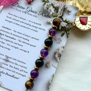 Handmade Crystal Rakhi: Amethyst, Tourmaline & Tiger Eye - Raksha Bandhan