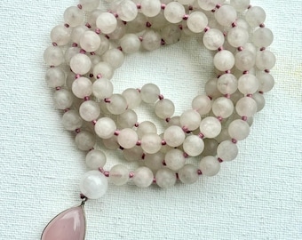 Rose Quartz Mala Necklace: Sterling Silver Pendant, Heart Chakra Healing