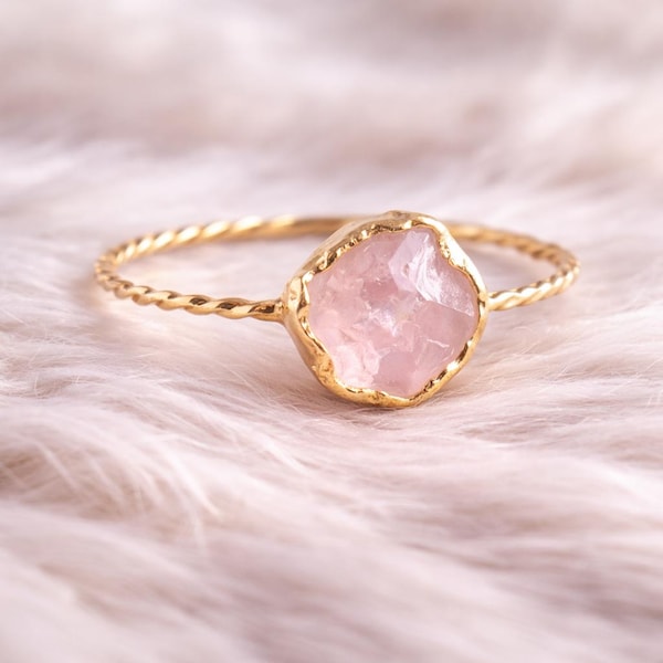 Raw Rose Quartz Ring | Twisted Sterling Silver Band, Raw Crystal Jewelry