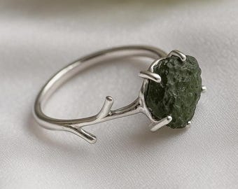 Raw Moldavite Ring: 925 Sterling Silver Branch Ring, Authentic Czech Crystal