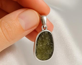 Raw Moldavite Pendant | Sterling Silver Green Crystal Necklace