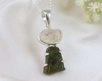 Raw Moldavite & Herkimer Diamond Pendant: Sterling Silver Healing Necklace
