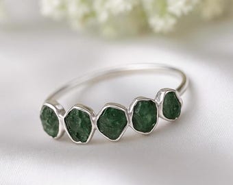 Roher Moldavit Ring: Sterling Silber, Fünfstein Tschechischer Kristall