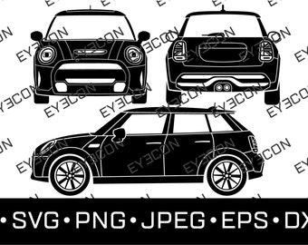 May include: A black and white silhouette of a Mini Cooper car in three different views: front, back, and side. The car is a compact hatchback with a distinctive rounded shape.