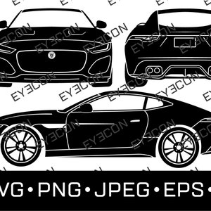 Puede incluir: Una silueta en blanco y negro de un coche deportivo. El coche se muestra desde tres ángulos diferentes: frontal, lateral y trasero. El coche tiene un diseño elegante y moderno con un perfil bajo.