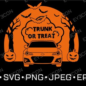 Puede incluir: Un diseño de Halloween naranja y negro con un coche y el texto "Trunk or Treat" en un bocadillo de diálogo. El coche está silueteado contra una luna llena con murciélagos volando a su alrededor.