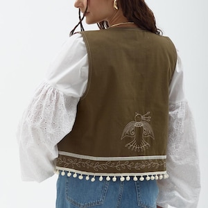 Embroidered folk vest with bird, Ukrainian style jacket with pompoms, handmade from cotton by Katrya