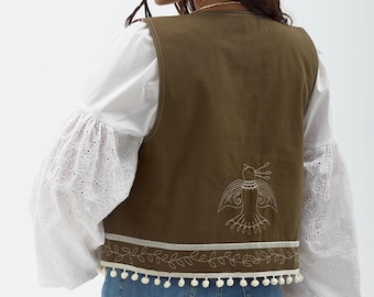 Bestickte Folk Weste, Ukrainische Baumwolljacke mit Pompoms