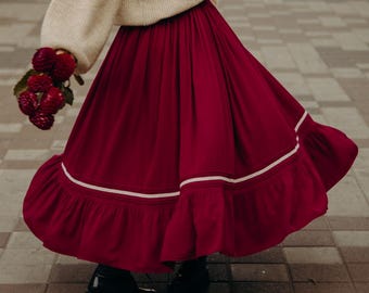 Burgundy Viscose Maxi Skirt, Ruffle Full Circle Skirt