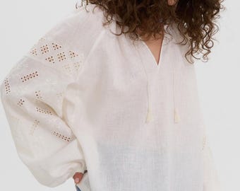 White Embroidered Linen Blouse, Boho Cottagecore Shirt