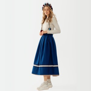 Skirt in Ukrainian traditional folk style, blue color with velvet ribbons and lace, from 100% wool handmade by Katrya