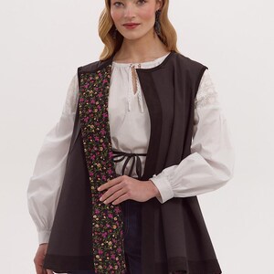 Black Ukrainian vest, traditional kersetka with floral tem, handmade by Katrya