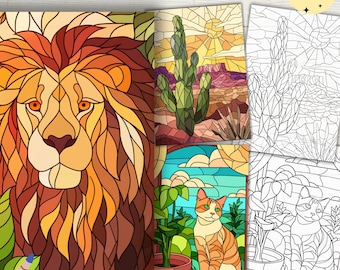 Stained Glass Coloring Pages, Colorful Coloring Book, Stress Relief Adult Coloring Sheets, PDF & PNG, Digital and Printable PDF