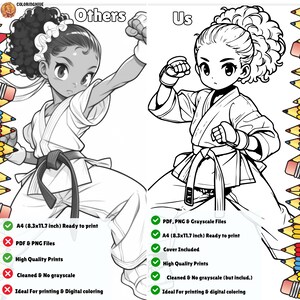 May include: A comparison of two coloring pages featuring a karate character. The left side shows a coloring page with a black and white illustration of a karate character with a black belt. The right side shows a coloring page with a black and white illustration of a karate character with a white belt. The text "Others" is above the left image and the text "Us" is above the right image. The text below each image lists the features of each coloring page. The left side lists "A4 (8.3x11.7 inch) Ready to print", "PDF & PNG Files", "High Quality Prints", "Cleaned & No grayscale", and "Ideal For printing & Digital coloring". The right side lists "PDF, PNG & Grayscale Files", "A4 (8.3x11.7 inch) Ready to print", "Cover Included", "High Quality Prints", "Cleaned & No grayscale (but includ.)", and "Ideal For printing & digital coloring".