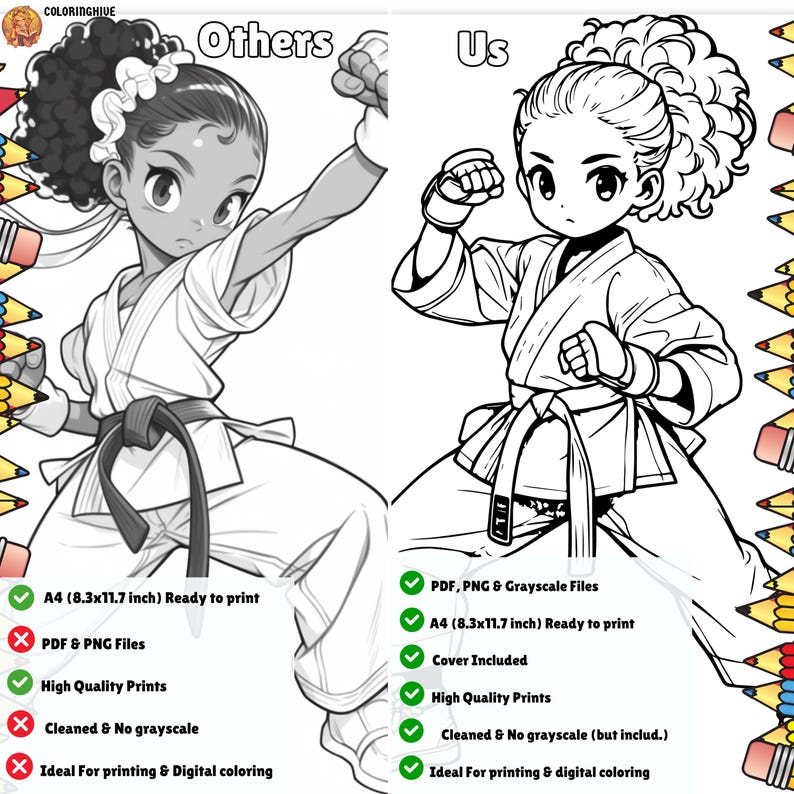 May include: A comparison of two coloring pages featuring a karate character. The left side shows a coloring page with a black and white illustration of a karate character with a black belt. The right side shows a coloring page with a black and white illustration of a karate character with a white belt. The text "Others" is above the left image and the text "Us" is above the right image. The text below each image lists the features of each coloring page. The left side lists "A4 (8.3x11.7 inch) Ready to print", "PDF & PNG Files", "High Quality Prints", "Cleaned & No grayscale", and "Ideal For printing & Digital coloring". The right side lists "PDF, PNG & Grayscale Files", "A4 (8.3x11.7 inch) Ready to print", "Cover Included", "High Quality Prints", "Cleaned & No grayscale (but includ.)", and "Ideal For printing & digital coloring".