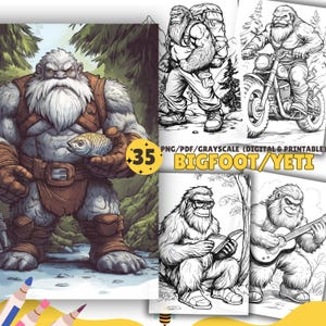 Big Foot and Yeti Coloring pages, Fantasy Coloring Book, Nature Printables, Adults and Kids Coloring, PDF, PNG, Grayscale