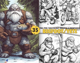 Big Foot and Yeti Coloring pages, Fantasy Coloring Book, Nature Printables, Adults and Kids Coloring, PDF, PNG, Grayscale
