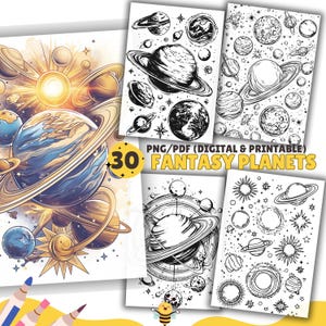 May include: A set of 30 printable fantasy planets, perfect for coloring. The planets are drawn in black and white, with intricate details and swirling patterns. The set includes a variety of planets, from small, rocky worlds to large, gas giants. PNG/PDF (Digital & Printable) FANTASY PLANETS