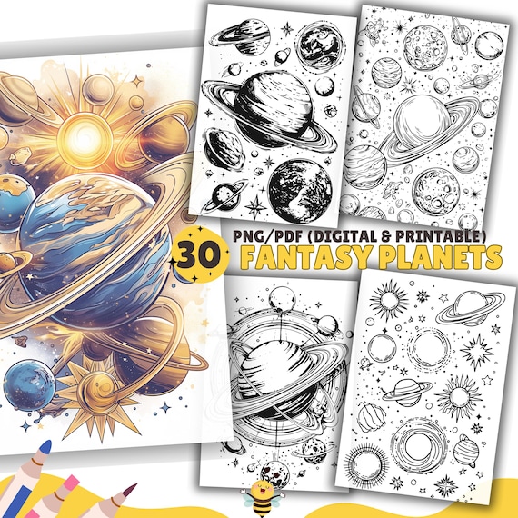 30 Planets Coloring Pages, Space, Galaxy, Coloring Book, Adult and Kids, PDF & PNG, Digital and Printable PDF