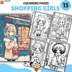 Shopping Girls Coloring Pages, Coloring Book for Kids, PDF & PNG, Digital and Printable PDF, Cute Kawaii Coloring Pages, Winter and Summer