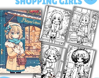 Kolorowanki Dziewczyny na Zakupach, Kolorowanka dla Dzieci, PDF i PNG, Cyfrowe i Wydrukowane PDF, Słodkie Kolorowanki Kawaii, Zima i Lato