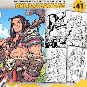 May include: A digital coloring page featuring four different illustrations of barbarians. The illustrations are in black and white and feature a variety of weapons and armor. The page is labeled "DND Barbarians" and numbered "41".