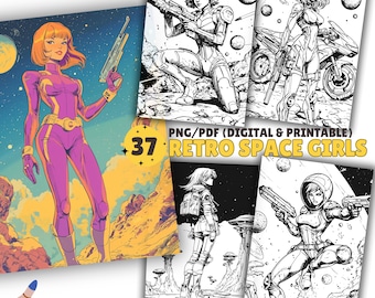37 Retro Space Girls Coloring Pages, Galaxy Girls Coloring book, Space Coloring Book, PDF & PNG, Digital and Printable, Grayscale Incl.