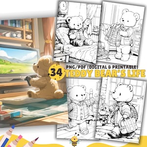 34 Teddy Bear Life Coloring Pages, Cute, Kawaii, Adorable kids Coloring Book, PDF & PNG, Digital and Printable PDF