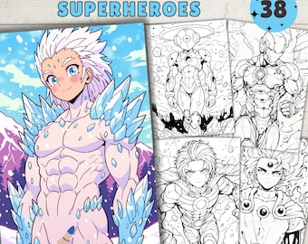 May include: A digital coloring book featuring 38 superhero illustrations. The cover image shows a muscular, ice-themed superhero with blue and white crystals. The other images are black and white line drawings of superheroes in various poses.