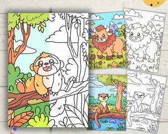 Páginas para colorear de animales bebés, libro para colorear de animales lindos, animales kawaii, PDF y PNG, descarga digital, acceso instantáneo