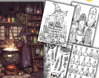 Witches Tools Coloring Pages, Witch Coloring Book, Grimoire, Broom, Pets and More, PDF & PNG, Digital and Printable PDF, Girls coloring