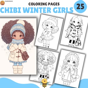 以下が含まれることがあります： ちび冬女の子の塗り絵25枚セット。女の子たちはコート、帽子、マフラーなど冬服を着ています。ページは白黒で、色を塗る準備ができています。