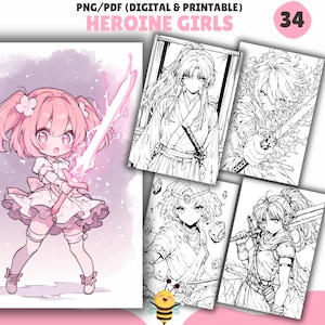 Kriegerin Anime Mädchen Malseiten, Anime Malbuch, PDF & PNG, digitale und druckbare PDF, Erwachsene Malbuch