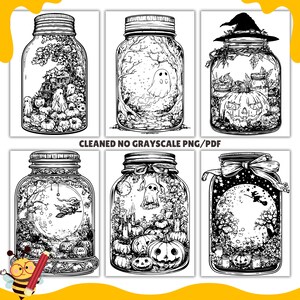 May include: Six black and white illustrations of mason jars with various Halloween themes. The jars contain images of ghosts, pumpkins, bats, witches, and other spooky elements.