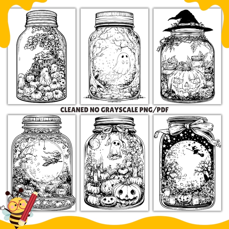 May include: Six black and white illustrations of mason jars with various Halloween themes. The jars contain images of ghosts, pumpkins, bats, witches, and other spooky elements.