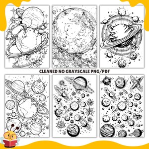 May include: A set of six black and white coloring pages featuring different celestial scenes with planets, stars, and moons. The pages are labeled "CLEANED NO GRAYSCALE PNG/PDF".