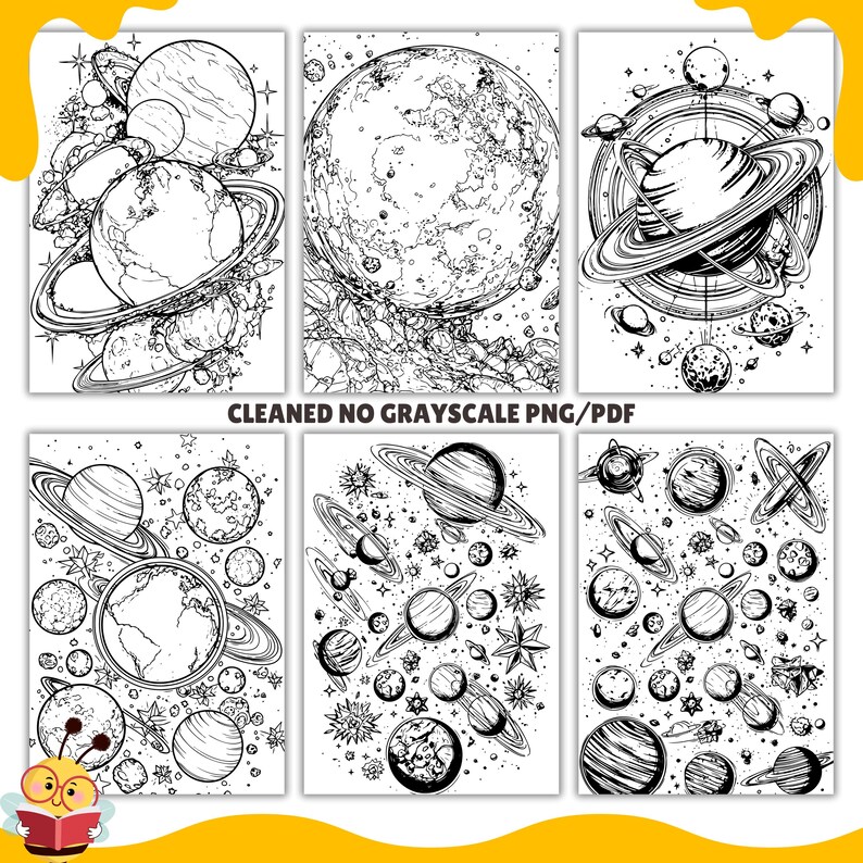 May include: A set of six black and white coloring pages featuring different celestial scenes with planets, stars, and moons. The pages are labeled "CLEANED NO GRAYSCALE PNG/PDF".