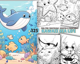 125 Sea Coloring Pages, Cute and Kawaii Coloring, Ocean Animals Coloring Boo, Printable PDF & PNG, Grayscale