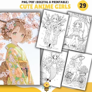 Cute Anime Girls Coloring Pages, Coloring Book, PDF & PNG, Digital and Printable PDF, Kawaii Anime Girls, Adorable Girls, Kids coloring book