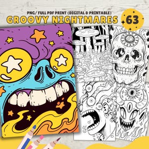 Psychedelic Trippy Coloring Pages, Groovy Nightmares Coloring Sheets, PDF & PNG, Digital Download