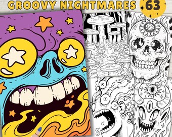 Psychedelic Trippy Coloring Pages, Groovy Nightmares Coloring Sheets, PDF & PNG, Digital Download