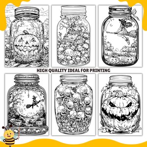 May include: Six black and white illustrations of mason jars with various Halloween themes. The jars contain a pumpkin, skulls, a witch flying on a broomstick, and a haunted house.