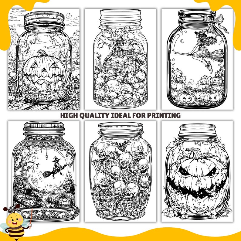 May include: Six black and white illustrations of mason jars with various Halloween themes. The jars contain a pumpkin, skulls, a witch flying on a broomstick, and a haunted house.