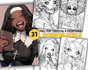 May include: A set of 31 printable coloring pages featuring horror-themed girls. The images include a nun, a zombie, a mummy, and a nurse. The images are in black and white and are ready to be colored.