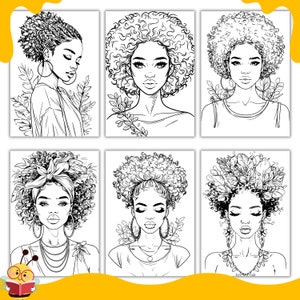 K&ouml;nnte beinhalten: Sechs Schwarzwei&szlig;-Zeichnungen von Frauen mit Afro-Frisuren. Jede Frau hat unterschiedliche Gesichtsausdr&uuml;cke und Accessoires. Die Zeichnungen sind auf wei&szlig;em Hintergrund.