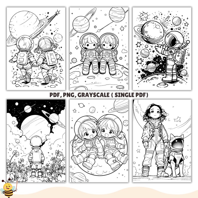 May include: Black and white coloring pages featuring astronauts in space. The pages include a couple of astronauts holding hands, a couple of astronauts sitting on a moon, and a single astronaut standing on a moon.