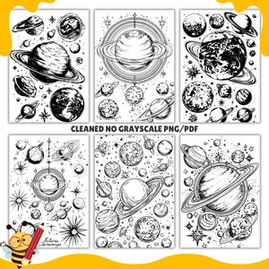 May include: A set of six black and white illustrations of planets and stars. The illustrations are in a vintage style and are perfect for use in a variety of creative projects.