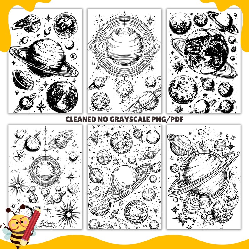 May include: A set of six black and white illustrations of planets and stars. The illustrations are in a vintage style and are perfect for use in a variety of creative projects.