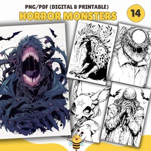 Horror Monsters Coloring Book, Coloring Pages, PDF & PNG, Digital and Printable PDF, Adult Coloring Pages