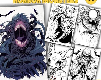 Horror Monsters Coloring Book, Coloring Pages, PDF & PNG, Digital and Printable PDF, Adult Coloring Pages